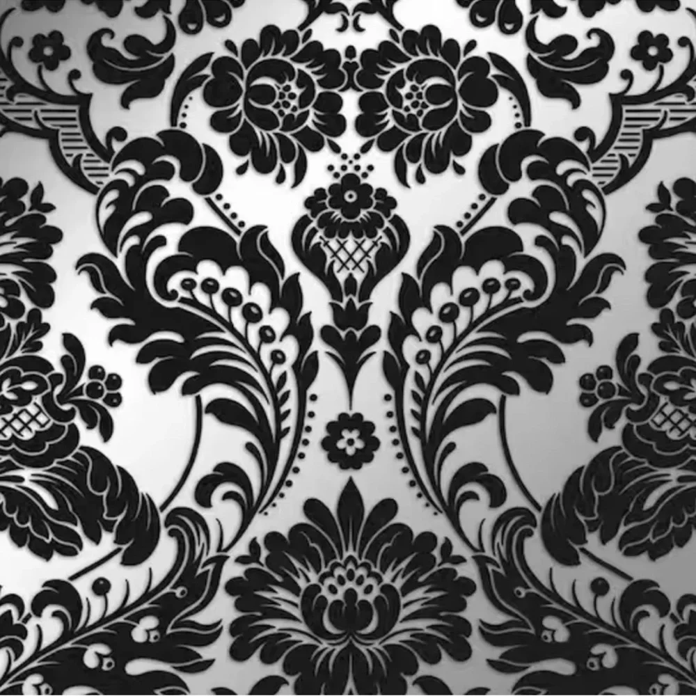 New! Gothic Damask- Black & Silver Flock Wallpaper by Graham & Brown, dbl roll
